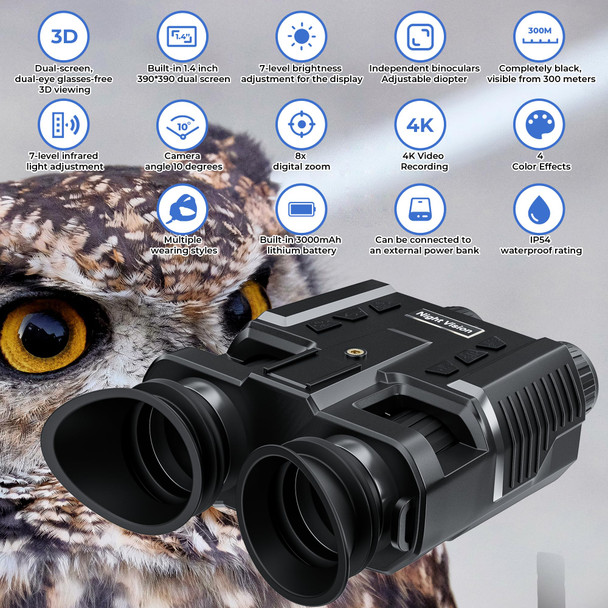 Night Vision Goggles Qpingan 4K HD Infrared Tactical Night Vision Binoculars for Adults with Head Mounted Dual 1.4" Screen 8X Digital Zoom 3000mAh Battery 32G Card for Outdoor Activities Gifts for Men