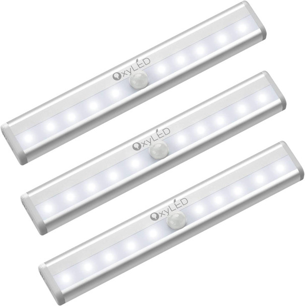 Oxyled Motion Sensor Light For Home Under Cabinet Light Wireless Lights For Wall 10 Led Lights Battery Operated Light With Magnetic Stick Up For Cupboard 3 Pack - Aluminium Abs White