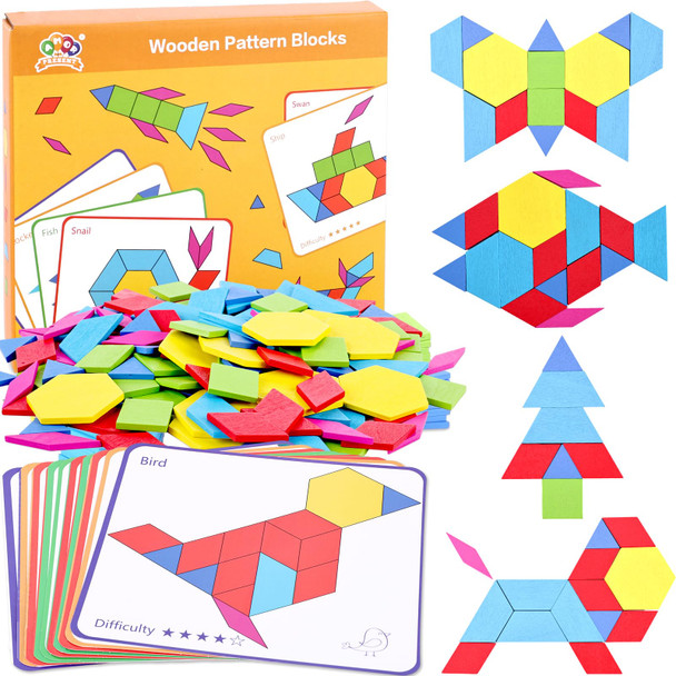 AMOR PRESENT Wooden Pattern Blocks for Kids - Tanagram Blocks - 150 Pieces - Ages 3-12