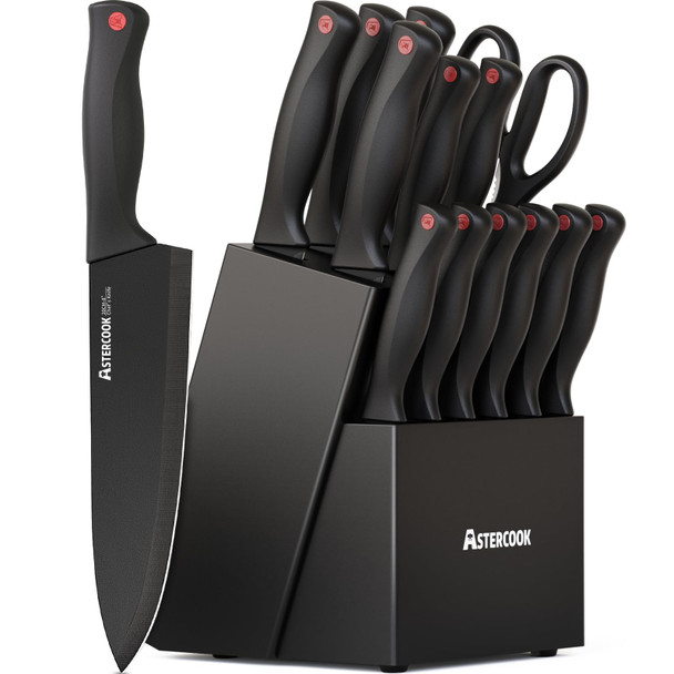 Knife Set Astercook 15 Pieces Knife Sets for Kitchen with Block Dishwasher Safe Kitchen Knife Set with Built in Sharpener Block German Stainless Steel Kitchen Utensils Set