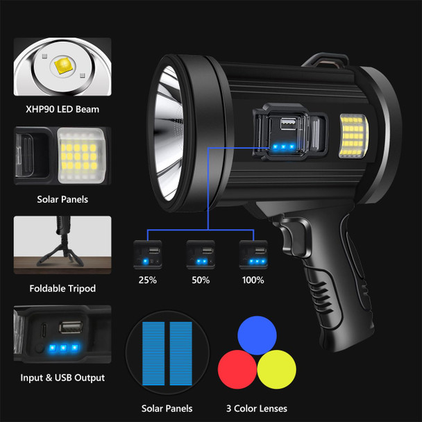 90000 Lumens Spotlight Rechargeable Spotlight Flashlight with Tripod 6 Modes and 3 Colors Filter Super Bright Led Spot Lights Outdoor Handheld Solar Searchlight for Hunting Marine Camping