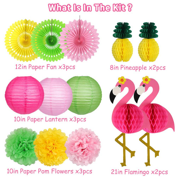 Flamingo Party Supplies Hawaiian Party Decorations Flamingo and Pineapple Honeycomb Ball Paper Lanterns Paper Fans Pom poms Flowers for Birthday Luau Tropical Bachelorette Party