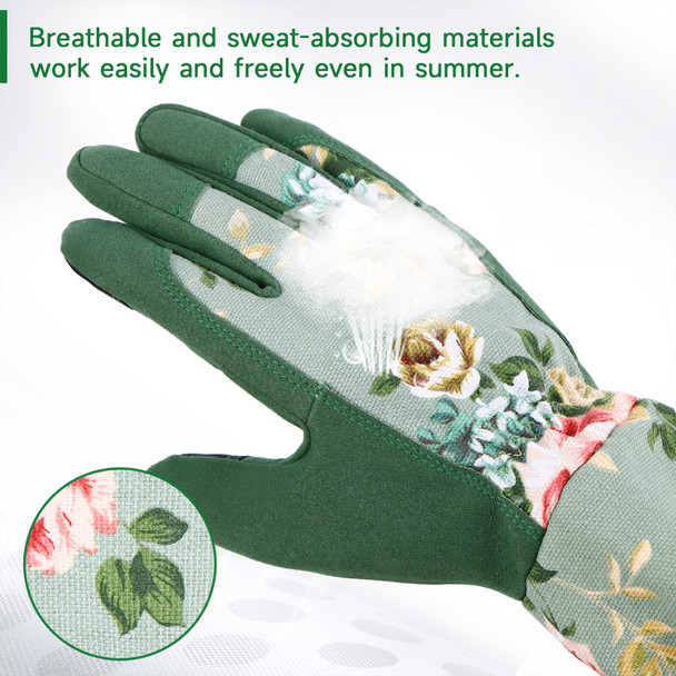Gardening Gloves for Women Comfortable Floral Long Sleeve Garden Gloves for Gardening and Outdoor Work Durable Leather Long Gardening Gloves Great Gift Ideas for Ladies Green Print (Large)