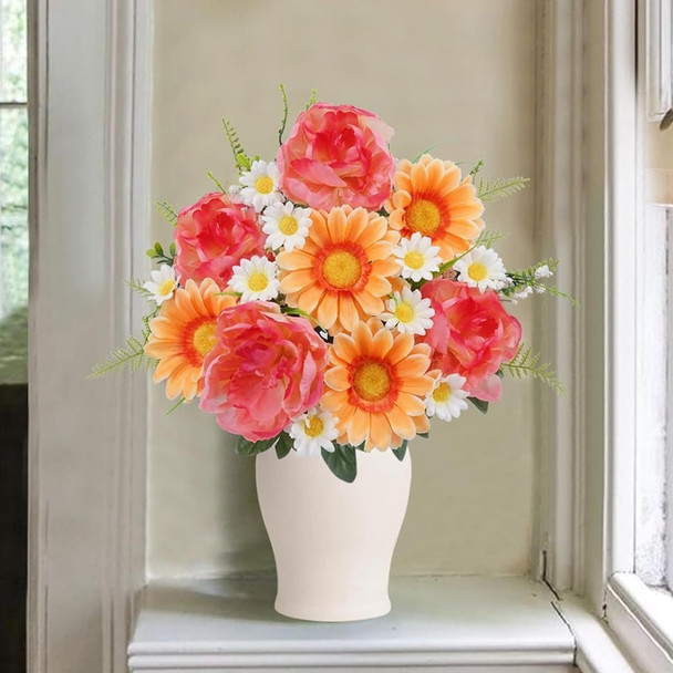 Fake Fall Flowers Sunflower Bouquet Cemetery Flowers for Grave Pink Peonies Artificial Flowers Daisy Floral Arrangements for Outdoor Grave Home Vase Wedding Table Centerpieces