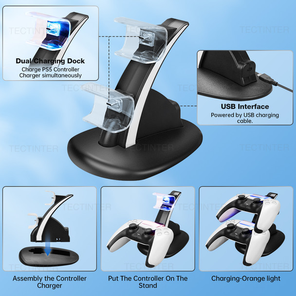 TECTINTER For PS5 Controller Type-C Dual Sense Charging Station Dual Charging Dock Charger Stand for PlayStation 5 Accessories - WHITE