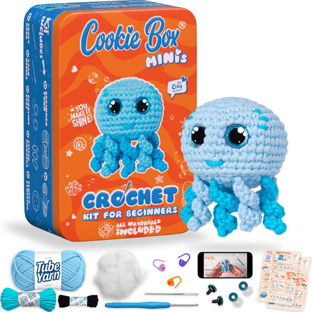 Cookie Box Crochet Kit for Beginners – Gift Set to Make Jellyfish Oxy Amigurumi Plushie – Easy DIY Crochet & Knitting Starter Kit with Printed Instructions & Step-by-Step Video Tutorial