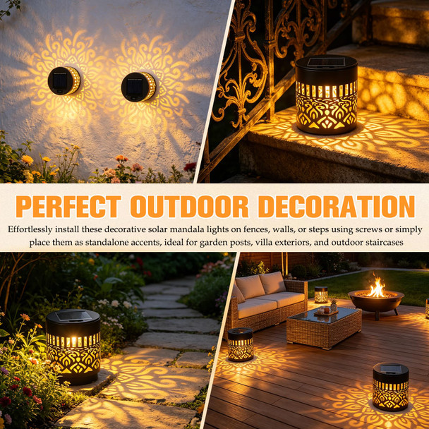 Bajorp Decorative Solar Mandala Lights,Solar Powered Outdoor Deck Step Wall LightsMandala Theme Waterproof Fence Light for Garden Post Patio Backyard Yard Decor (2 Pack)