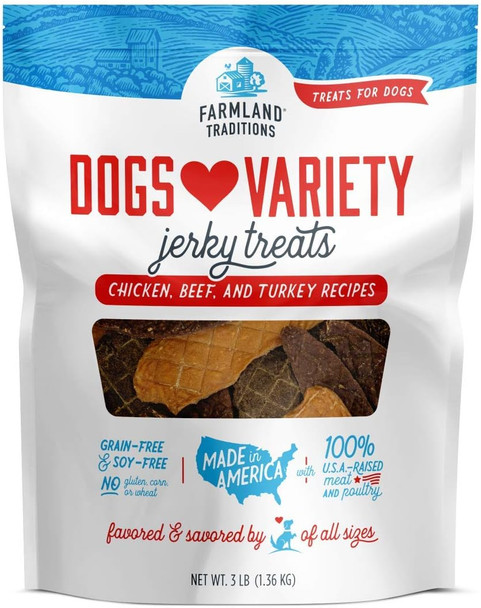 Farmland Traditions Filler Dogs Love Variety Premium Jerky Treats for Dogs, Chicken, Beef & Turkey, 3 lb. Bag