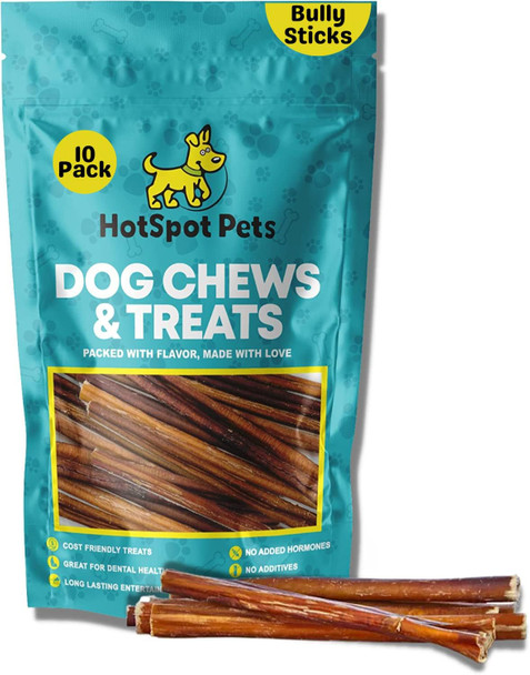 hotspot pets Bully Sticks 6 Inch- 10 Pack- Premium Natural Long Lasting Bully Sticks for Medium Dogs Beef Pizzle Treats - Grain Fully Digestible Rawhide Alternative Stix