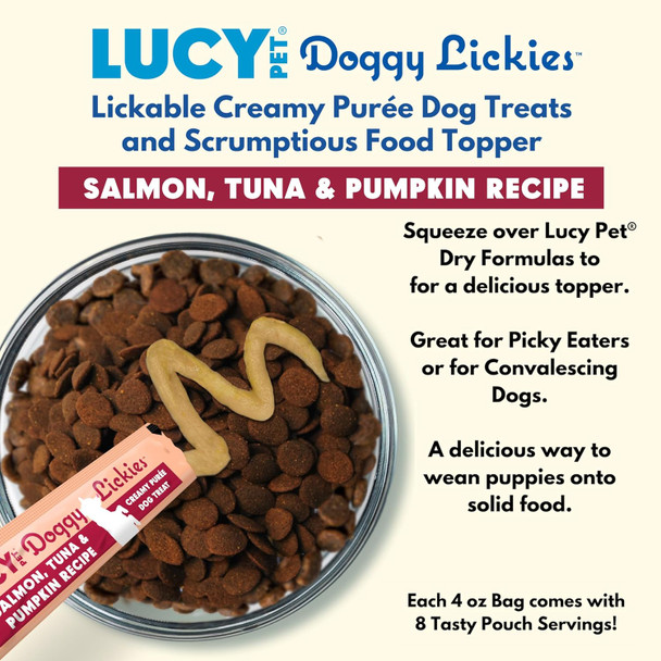 Lucy Pet® Doggy Lickies™ Salmon, Tuna & Pumpkin Recipe Creamy Purée Dog Treat 4oz Lucy Pet® Doggy Lickies™ Salmon, Tuna & Pumpkin Recipe Creamy Purée Dog Treat 4oz