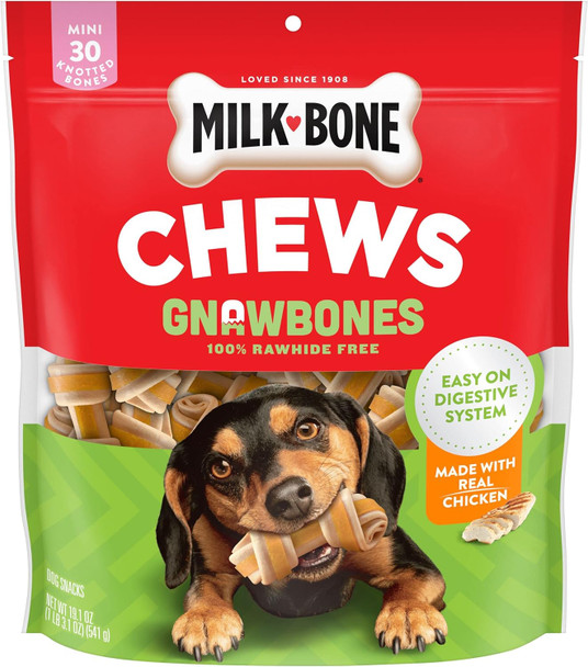 Milk-Bone Chews GnawBones Rawhide Dog Treats, Chicken, 30 Long Lasting Mini Knotted Bones