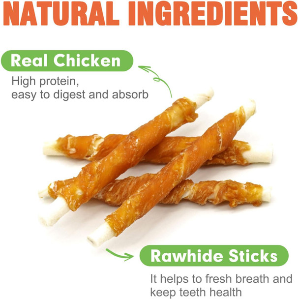 MON2SUN Dog Treats, Rawhide Twist Chicken Hide Sticks, Suitable for Puppy and Small Dogs, 5 Inch (Chicken, Pack of 40)