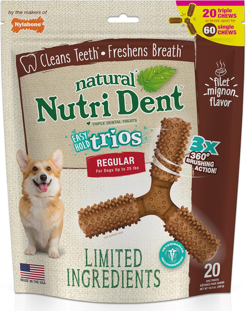 Nylabone Nutri Dent Dog Dental Chews - Natural Dog Teeth Cleaning & Breath Freshener - Dental Treats for Dogs - Filet Mignon Flavor, Small (1 Count)