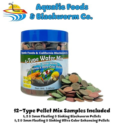 Aquatic Foods Inc. 4Type 1/2" Sinking Wafer Mix Of SpirulinaAlgae UltraWorm Shrimp Color Enhancing 6.0Oz 12Mm