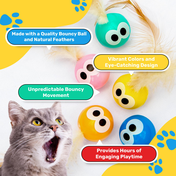 Bouncy Tails 5 Pack Interactive Bouncy Ball With Natural Feathers For Indoor Cats 5 Pack