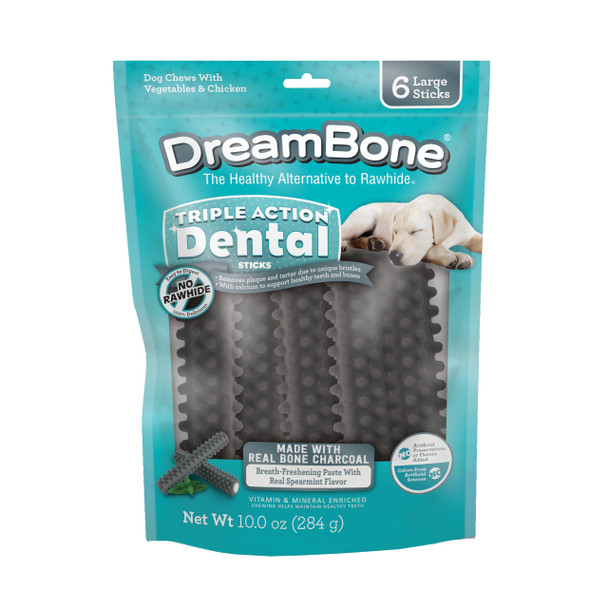 Dreambone Triple Action Dental Sticks Charcoal RawhideFree Chews For Large And Xl 6 Count