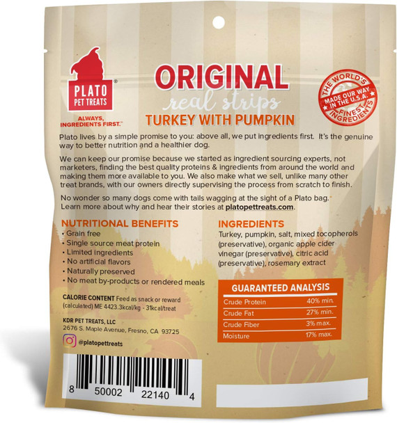 PLATO Turkey Real Strips Natural Dog Treats - Real Meat - Air Dried - Made in the USA - Turkey & Pumpkin, 3 ounces