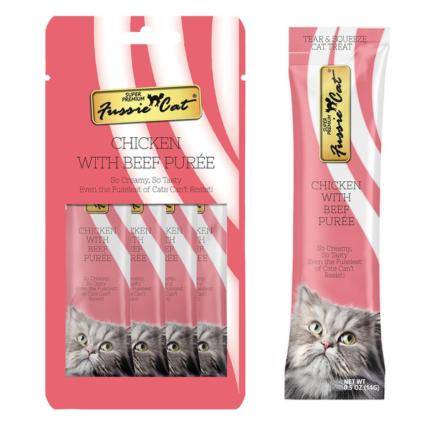 Fussie Cat Chicken And Beef Puree Lickable Cat Treats Pouch Pack Of 4 0.5Oz Pack Of 4