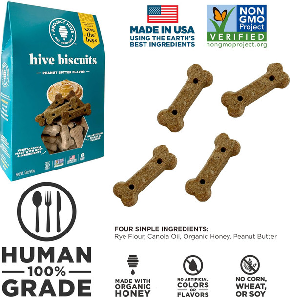 Hive Dog Biscuits – 2 Packs of Peanut Butter Dog Treats, Healthy, Non-GMO Project Verified, and Organic Dog Treats for Training, Made in USA for All Dog Breeds