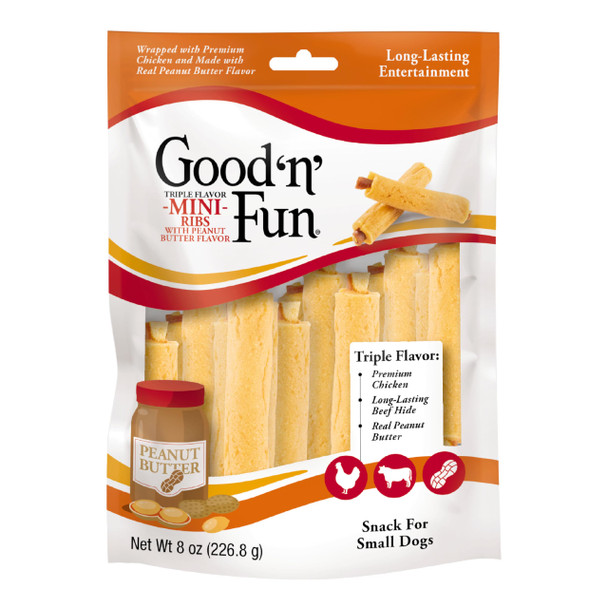 Good 'n' Fun Triple Flavor Mini Ribs With Peanut Butter Flavor Chews For Dogs 8 Ounces