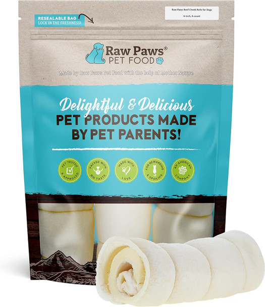 Raw Paws Beef Cheek Rolls for Dogs - 6 inch, 4-ct - Packed in USA - Rawhide Alternative Dog Chews - -Range Cow Cheek Rolls for Dogs - Retriever Rolls for Small Dogs to Large Dogs - Dog Beef Cheeks