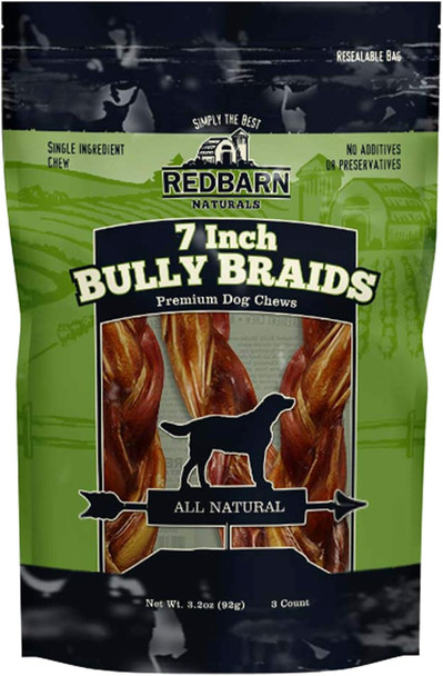 Redbarn All-Natural 7" Braided Bully Sticks for Dogs - Premium Grain- & Rawhide- Single Ingredient Long Lasting Low Odor Dental Treat for Chewers - 3 Count