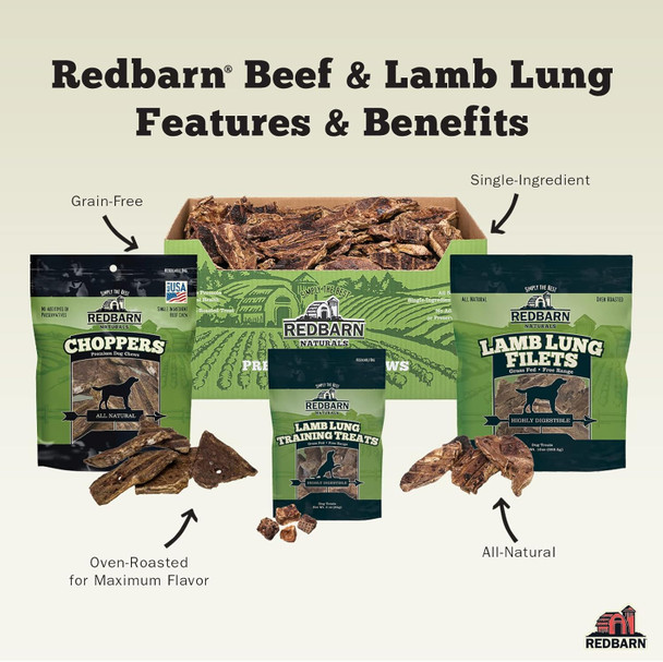 Redbarn Choppers Beef Lung Dog Chews, Natural, Made in USA, High-Protein Low-Fat, Grain-, Single Ingredient for All Dog Sizes(Pack of 8)