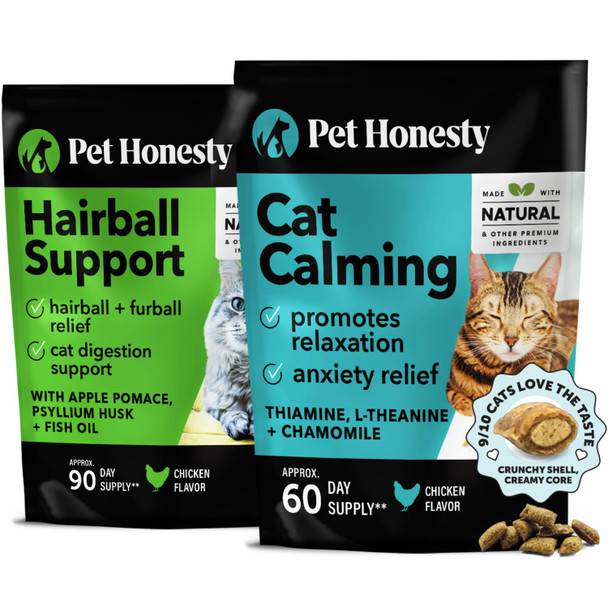 Pet Honesty Cat Hairball Support + Cat Calming Crunchy & Creamy Chews Essential