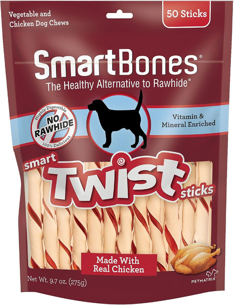 SmartBones Smart Twist Sticks, Rawhide Dog Chew Sticks, Made With Real Chicken, 50 Sticks (Pack of 1)