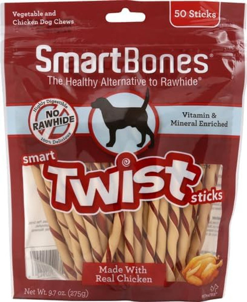SmartBones Smart Twist Sticks, Rawhide Dog Chew Sticks, Made With Real Chicken, 50 Sticks (Pack of 1)