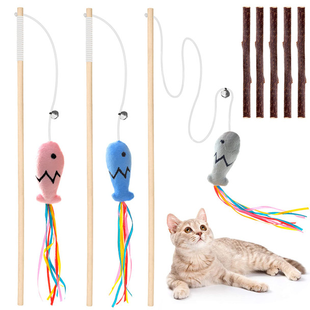 Plant Castle Natural Wood Cat Wand Toy With Ribbon Fish Teaser 3Pcs Indoor 16 Inch