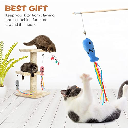 Plant Castle Natural Wood Cat Wand Toy With Ribbon Fish Teaser 3Pcs Indoor 16 Inch