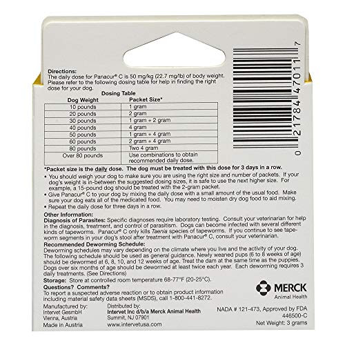 Panacur C Canine Dewormer (Fenbendazole) Yellow (Pack Of 1 1 Gram 3 Count