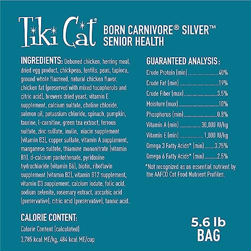 Tiki Pets Cat Born Carnivore Silver Senior Health Dry Cat Food For Senior 5.6 Lbs
