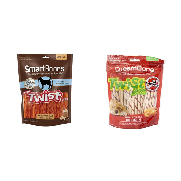 Smartbones Smart Twist Sticks With Peanut Butter RawhideFree Chews For Dogs + 50 Count