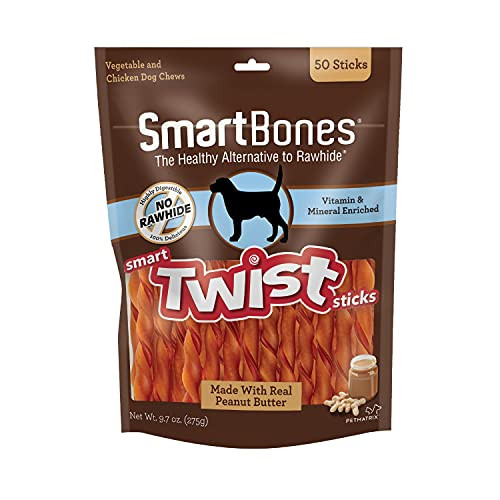 Smartbones Smart Twist Sticks With Peanut Butter RawhideFree Chews For Dogs + 50 Count