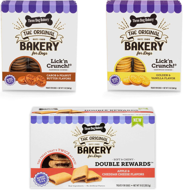 Three Dog Bakery Classic Cookies Variety Pack Premium Treats for Dogs, Carob/Peanut Butter, Golden/Vanilla, & Double Reward, 36 Ounces, (Pack of 3)