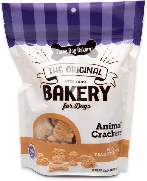 Three Dog Bakery Crunchy Classic Animal Crackers, Peanut Butter Flavor, Premium Treats for Dogs, brown, 13 oz