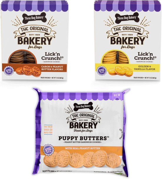 Three Dog Bakery Lick'n Crunch Sandwich Cookies Variety Pack Premium Treats for Dogs, Carob/Peanut Butter, Golden/Vanilla, & Pupper Butters, 37.8 Ounces, 3-Pack