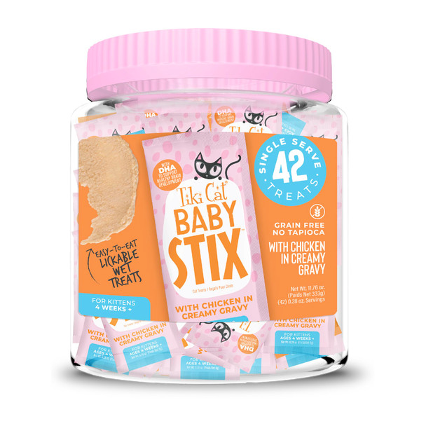 Tiki Pets Cat Baby Stix Wet Cat Treats Chicken In Creamy Gravy 0.28 Oz 42 Count