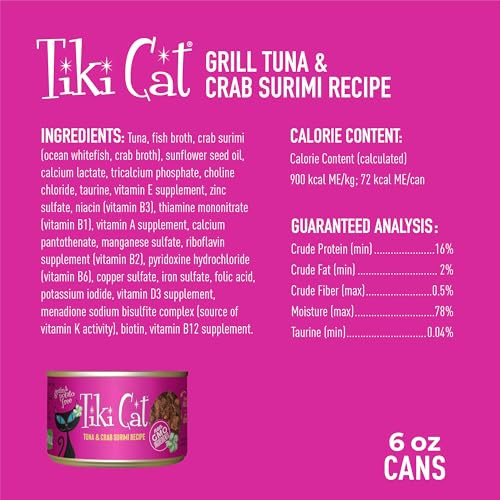 Tiki Pets Cat Grill Wet Cat Food Tuna & Crab Surimi . Cans 6 Oz 8 Count