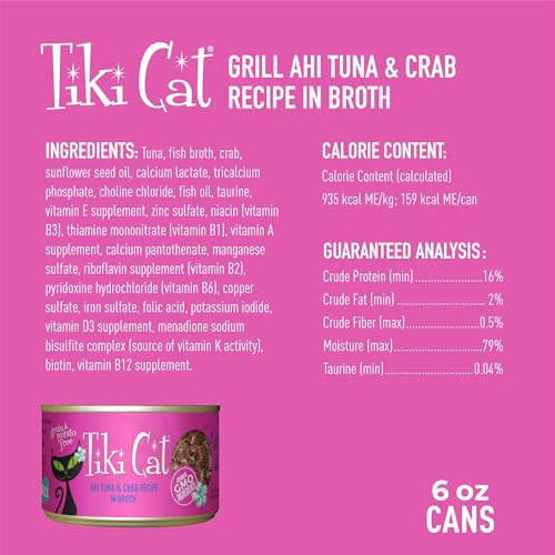 Tiki Pets Cat Grill Wet Cat Food Ahi Tuna & Crab . Cans 6 Oz 8 Count