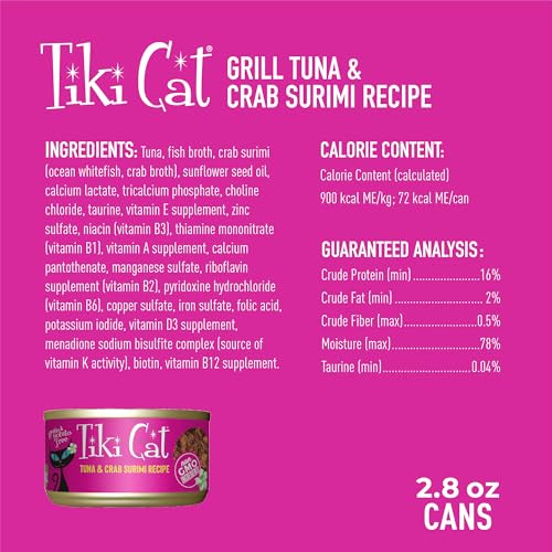 Tiki Pets Cat Grill Wet Cat Food Tuna & Crab Surimi . Cans 2.8 Oz 12 Count