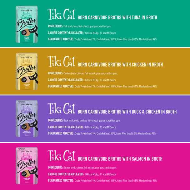 Tiki Pets Cat Born Carnivore Broths Wet Cat Food Toppers Variety Pack 1.3 Oz 12 Count