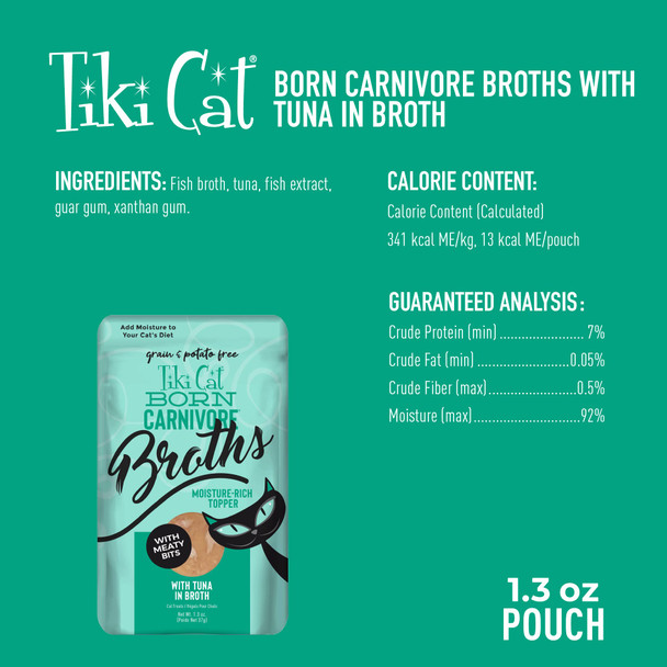 Tiki Pets Cat Born Carnivore Broths Tuna Recipe Hydration And Flavor Supplement Cat 1.3 Oz Pack Of 12