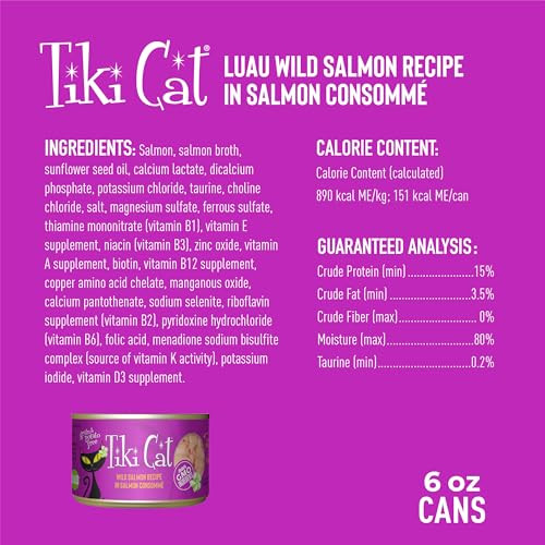 Tiki Pets Cat Luau Wet Cat Food Wild Salmon . Cans 6 Oz 8 Count