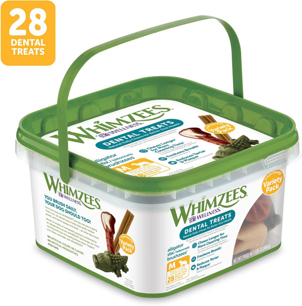 WHIMZEES by Wellness Variety Box: All Natural Dental Chews for Dogs (Medium), 28 Count - Dog Treats, Freshens Breath, Gluten & Grain- (Packaging May Vary)