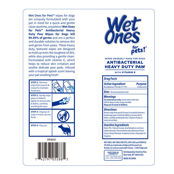 Wet Ones For Pets Antibacterial Heavy Duty Dog Paw Wipes With Tropical Splash 50 Count