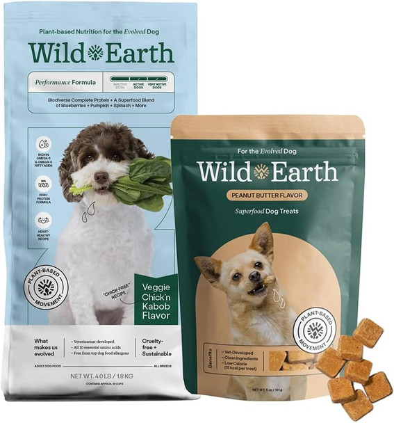 Wild Earth Performance Dog Food 4lb Bag, Veggie Chick'n Kabob Flavor + Superfood Plant-Based Dog Treats, Peanut Butter Flavor Bundle Vegetarian, Wheat-, Veterinarian-Developed