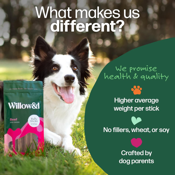 Willow&I Bully Sticks for Dogs - 6 Inch Bully Sticks for Medium Dogs and Small Dogs (6 Pack), Premium 100% Grass Fed Beef Pizzle Sticks for Dogs, Natural Dog Chews Long Lasting Healthy Dog Treats